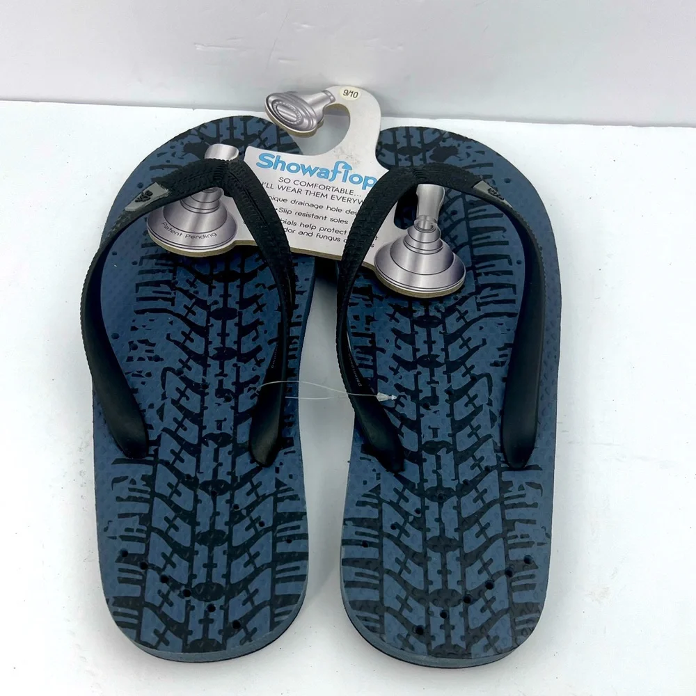 SHOWAFLOPS NON-SKID SHOWER FLIP FLOP W/ATHLETIC STRIPES, DRAIN HOLES, SIZE 9/10